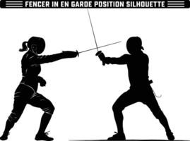 fencer in en garde position silhouette, Fencer in En Garde Position with Sword Ready - Perfect Silhouette Against white Background. vector