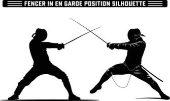 fencer in en garde position silhouette, Fencer in En Garde Position with Sword Ready - Perfect Silhouette Against white Background. vector