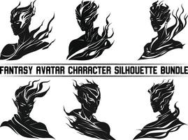 Fantasy avatar character silhouette bundle, warrior knight fighter, medieval RPG game role classes icon set, magic wizard. male elf face, troll, viking head, fairy tale orc, death. Fantasy character. vector