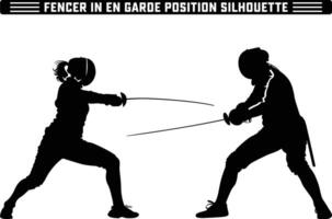 fencer in en garde position silhouette, Fencer in En Garde Position with Sword Ready - Perfect Silhouette Against white Background. vector