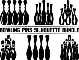 Bowling pins silhouette bundle, Bowling pins icon set, bowling pins standing at the end of a alley, Bowling illustration, simple silhouette design. vector