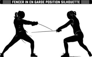 fencer in en garde position silhouette, Fencer in En Garde Position with Sword Ready - Perfect Silhouette Against white Background. vector