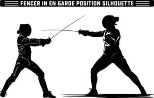 fencer in en garde position silhouette, Fencer in En Garde Position with Sword Ready - Perfect Silhouette Against white Background. vector