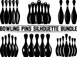 Bowling pins silhouette bundle, Bowling pins icon set, bowling pins standing at the end of a alley, Bowling illustration, simple silhouette design. vector