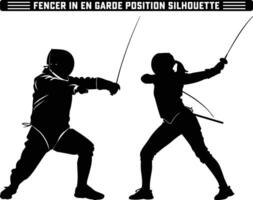 fencer in en garde position silhouette, Fencer in En Garde Position with Sword Ready - Perfect Silhouette Against white Background. vector