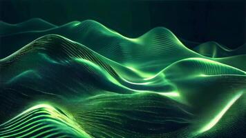 Abstract green digital waves glide through a dark, mysterious space, forming a mesmerizing landscape with fluid lines and glowing dots. The image evokes a futuristic, surreal atmosphere video