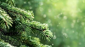 4K showcases a close-up of a fresh green pine branch with illuminated bokeh lights in the background, creating a serene and natural atmosphere video