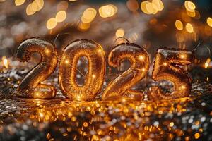 2025 illuminated from within by string lights. The balloons are sitting on a sparkling, silver surface. There are out-of-focus lights in the background, giving the impression of a festive New Years Eve celebration. photo