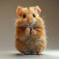 A small golden hamster stands on a white surface. The hamsters fur is soft and fluffy, and it has large, black eyes and a pink nose. The hamster is giving two thumbs up with its tiny paws. photo