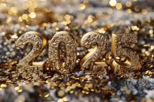 A close-up image of the year 2025, rendered in shiny gold, surrounded by gold and silver confetti. The numbers are textured, suggesting a metallic finish, and the background is blurred, creating a festive and celebratory atmosphere. photo