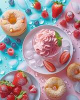 A summer dessert platter with a pink frozen yogurt topped with a mint leaf, a glazed donut, and strawberries on a blue and pink background with ice cubes. photo