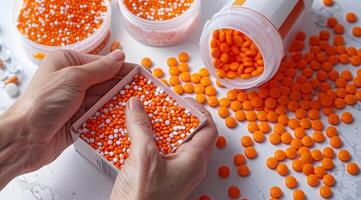 An image showing a persons hands holding an open container of orange and white pills. The container is on a white surface with several other orange pills scattered nearby. photo