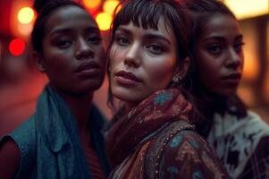 Portrait of Three Women with Intense Expressions in Urban Setting photo