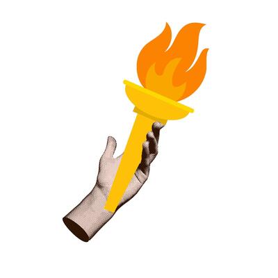 Female hand holding torch with fire. Halftone collage with Symbol of sports games. Human arm with burning torch. illustration