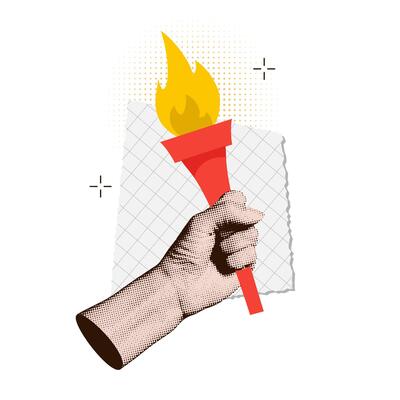 Trendy halftone collage with hand holding torch with burning fire. Success, victory concept. Retro illustration for mixed media sports design