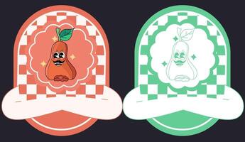 playful cartoon illustration of a rose apple mascot with big, friendly eyes and a cheerful smile.The background is a colorful chess pattern with a ribbon banner at the top.Sticker Label for Rose Apple vector