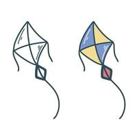 Flying kite colored and black doodle sketch style illustration vector
