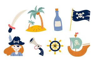Set pirate elements flat design on a white background vector
