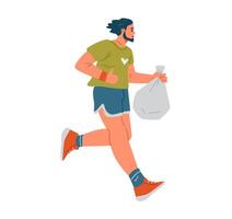 Plogging concept. Man running and collecting garbage flat illustration isolated on white. vector