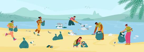 Eco volunteers cleaning up water and ocean beach from garbage horizontal banner. Different people collecting trash on the coast. vector