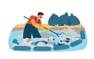 Man standing in water collecting trash from the river flat illustration isolated on white. Eco volunteer cleaning up water from plastic garbage.Garbage retention system. vector