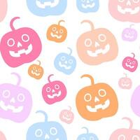 Seamless pattern of cheerful multi-colored Jack pumpkins scattered on a light background. Pastel and delicate shades, this is a cute and kind background for Halloween vector