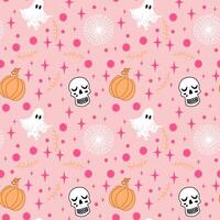 seamless pattern pink Halloween, not scary at all. Cute skulls, good ghost, pumpkin, cobweb and fuchsia splashes on a pink background vector