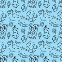 Seamless pattern with beach accessories. swimsuit, hat, inflatable circle, flip-flops, ice cream. Contoured beach icons on a blue background. template for your summer beach design. illustration vector