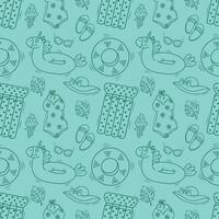 Seamless pattern with beach accessories. swimsuit, hat, inflatable circle, flip-flops, ice cream. Contoured beach icons on a blue background. template for your summer beach design. illustration vector