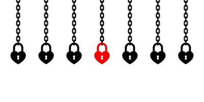 A row of heart-shaped locks hanging from chains on a white background vector