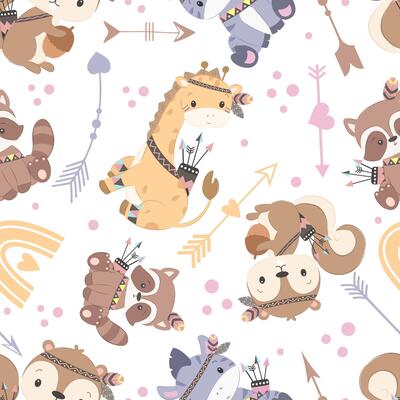 Cute boho animals seamless pattern