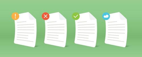 Curve document page illustration with check, cross, cloud, and exclamation mark icon vector