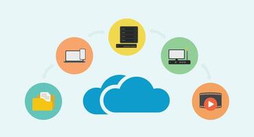 Cloud computing and seamless cloud service management, represented in a flat illustration vector