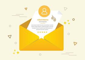 Client feedback or testimonial template with open envelope letter style illustration vector