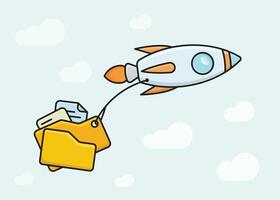 A cute rocket carrying a bunch of files, folders, and documents on the sky minimalist flat illustration vector