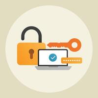 Computing and Data Security Minimalist Illustration with Lock, Key, and Laptop with Checkmark vector