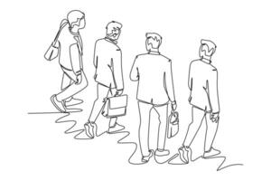 Single one line drawing top view of young male employees walking together rushed so as not to be late for work. Urban commuter workers concept. Continuous line draw design graphic illustration vector