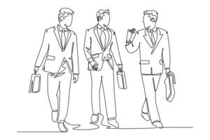 Continuous one line drawing of young happy male sales managers walking together and discussing new product selling strategy. Urban commuter workers. Single line draw design graphic illustration vector