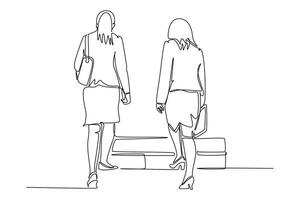 Continuous one line drawing back view of young happy business women talking to her colleagues when walking on office stairs. Business conversation. Single line draw design graphic illustration vector