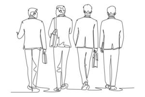 Single continuous line drawing back view of young businessmen discussing work while walking together on city street to office. Urban commuter workers. One line draw graphic design illustration vector