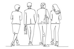 Single one line drawing back view of male and female startup CEO walking together to workshop room to present their proposal. Urban commuter workers. Continuous line graphic design illustration vector