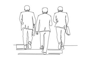 Continuous one line drawing back view of male businessmen discussing work while walking together on city street to office. Urban commuter workers. Single line draw design graphic illustration vector