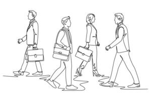 Single one line drawing group urban commuters walking pass over and over again on city street go to the office. Urban commuter workers. Modern continuous line draw design graphic illustration vector