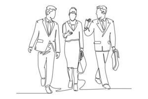 Single continuous line drawing of young male and female managers talking and walking together on office lobby to go to canteen. Urban commuter workers. One line draw graphic design illustration vector
