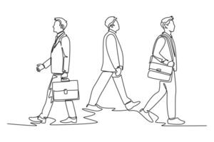 Continuous one line drawing young happy business men talking to his colleagues when walking approaching the office. Business conversation concept. Single line draw design graphic illustration vector