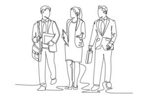 Single continuous line drawing of young male and female managers talking and walking together on office parking area. Urban commuter workers. Dynamic one line draw graphic design illustration vector