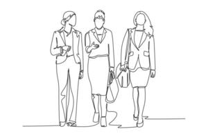 Continuous one line drawing of young female managers walking together neatly in a row in city street go to office. Urban commuter workers concept. Single line draw design graphic illustration vector