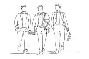 Continuous one line drawing young happy businessmen walking together and discussing new big collaboration project. Urban commuter workers concept. Single line draw design graphic illustration vector
