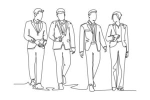 Single continuous line drawing young businessman and businesswoman walking and talking together on office lobby. Urban commuter worker concept. Dynamic one line draw graphic design illustration vector