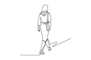 Single one line drawing back view of young female manager walking on town street to go to office while holding suitcase. Urban commuter worker. Continuous line draw design graphic illustration vector